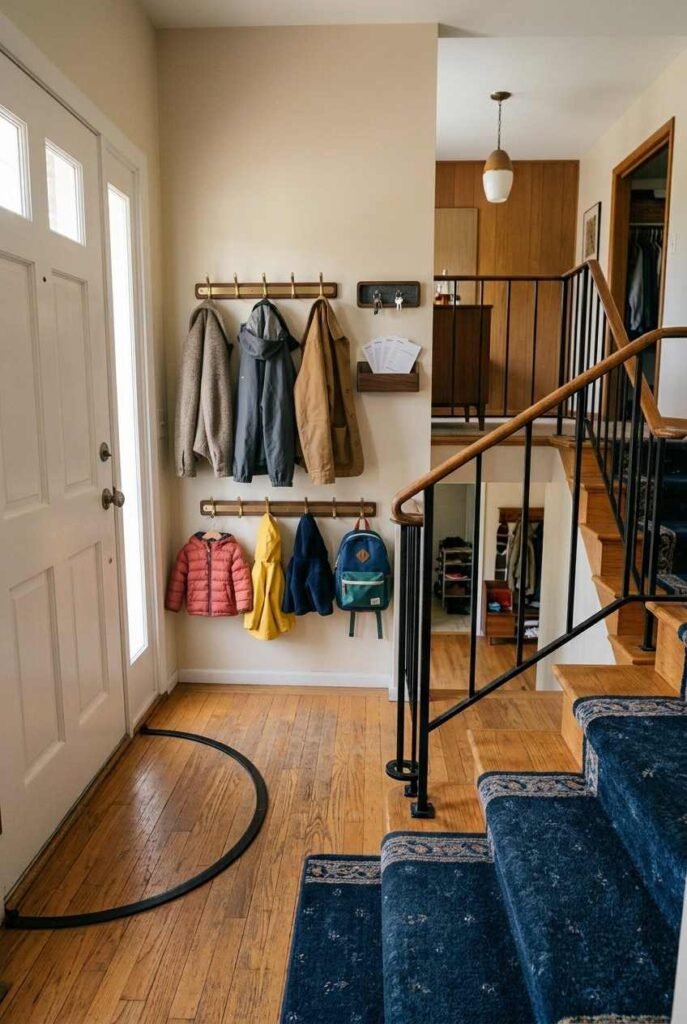 Two-height hook rail in a split level entry holding adult coats and kids’ jackets.