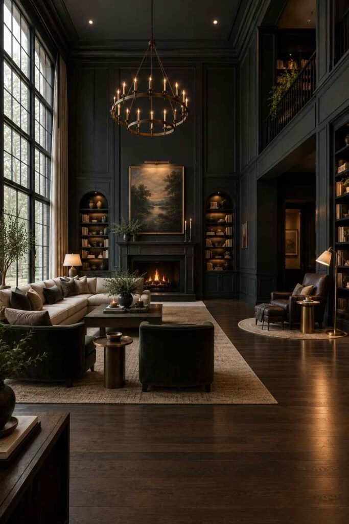 28 Dark Living Room Ideas for High Ceilings That Feel Rich, Not Gloomy (Paint, Lighting & Layout) 14 Dark high-ceiling living room divided into conversation and reading zones