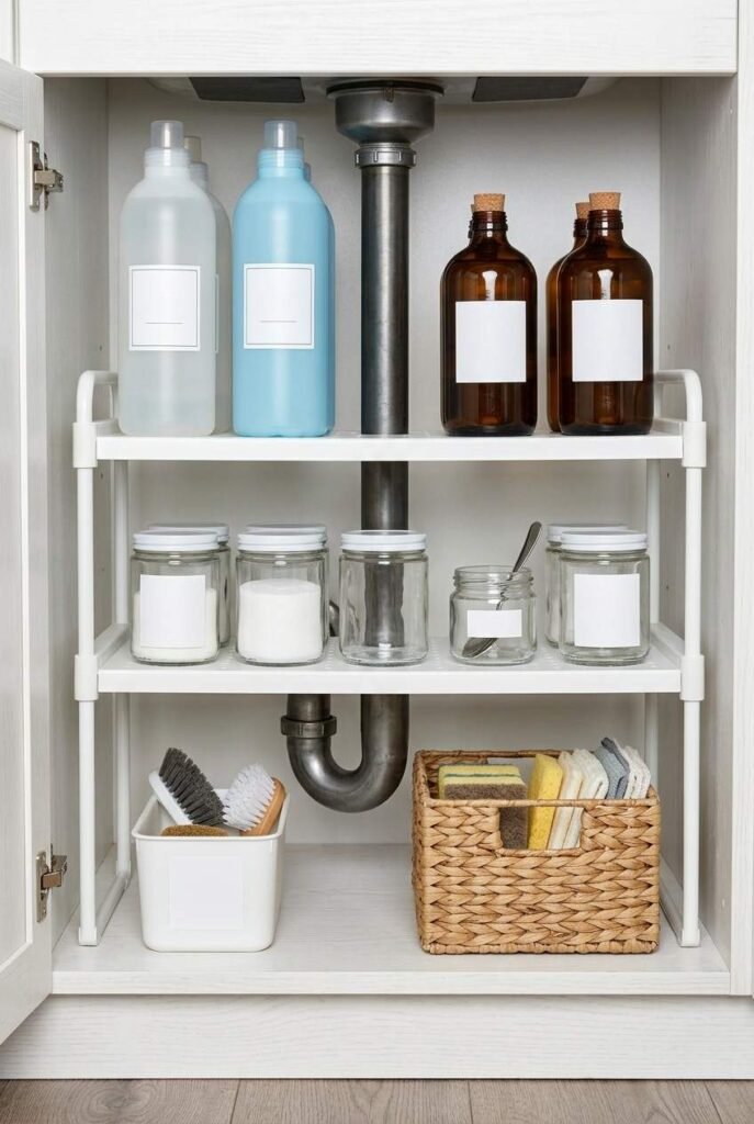 26 Bathroom Storage Ideas Under Sink for a Tidier, Roomier Vanity 4 Two-tier shelf fitted around the pipes under a bathroom sink