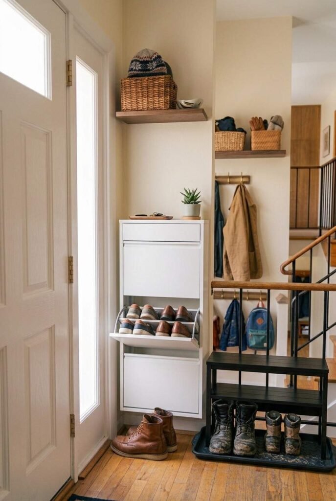 Two-tier shoe rack and rubber boot tray holding wet boots on a small entry landing.