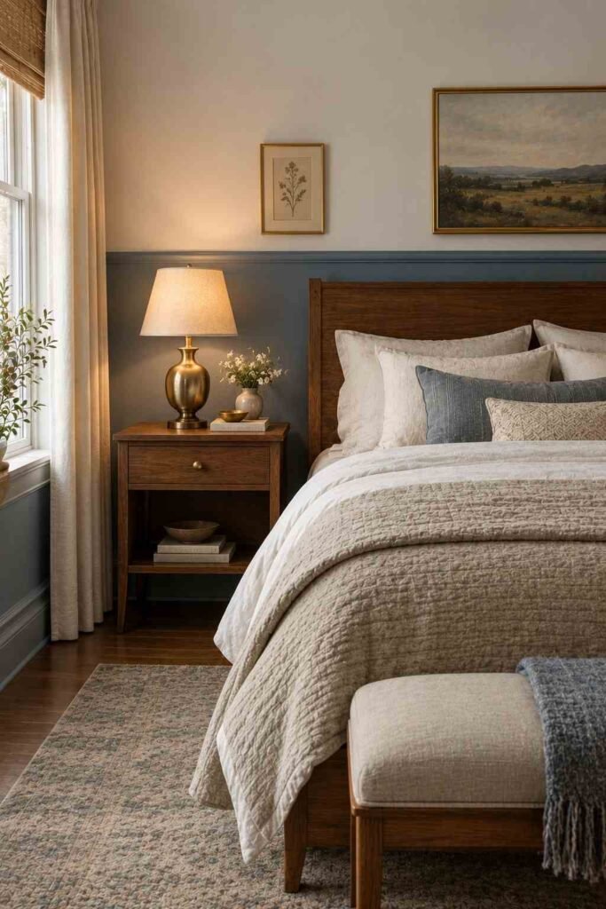 Two-tone bedroom wall with dusty blue lower half and soft white upper half.