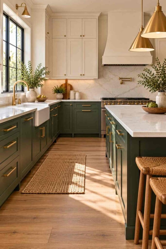 Two-tone kitchen with dark green lower cabinets and cream uppers.