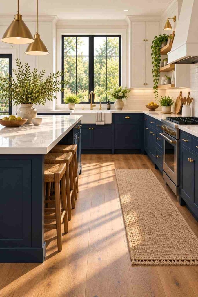 Two-tone kitchen cabinets with white uppers and navy lowers over oak floors