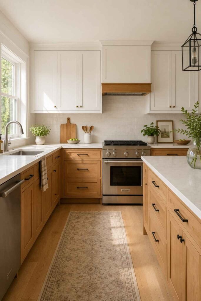 Two-tone kitchen with natural oak lower cabinets and white upper cabinets