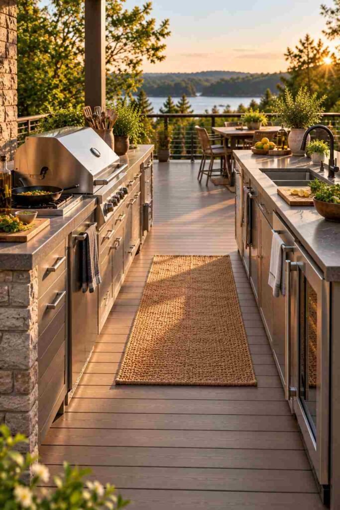 30 Outdoor Kitchen Ideas on Deck: Smart Layouts, Materials for Small, Mid-Size, and Large Spaces 14 Two-zone deck kitchen island separating the grill area from the sink and refrigerator.