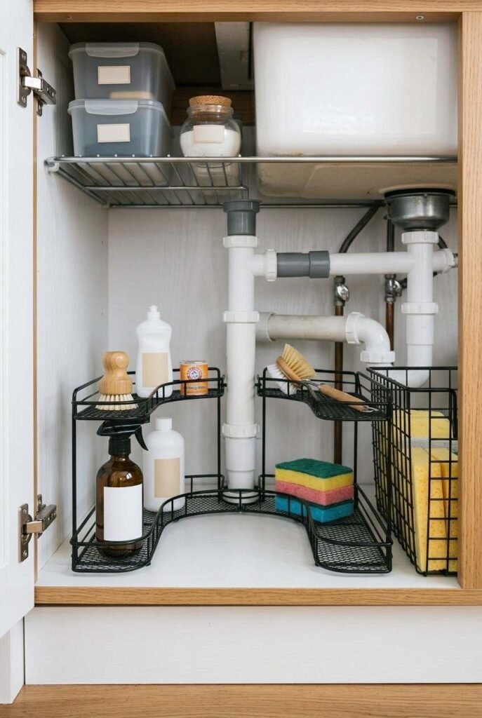 26 Bathroom Storage Ideas Under Sink for a Tidier, Roomier Vanity 9 U-shaped organizer wrapped around the drain pipe under a sink