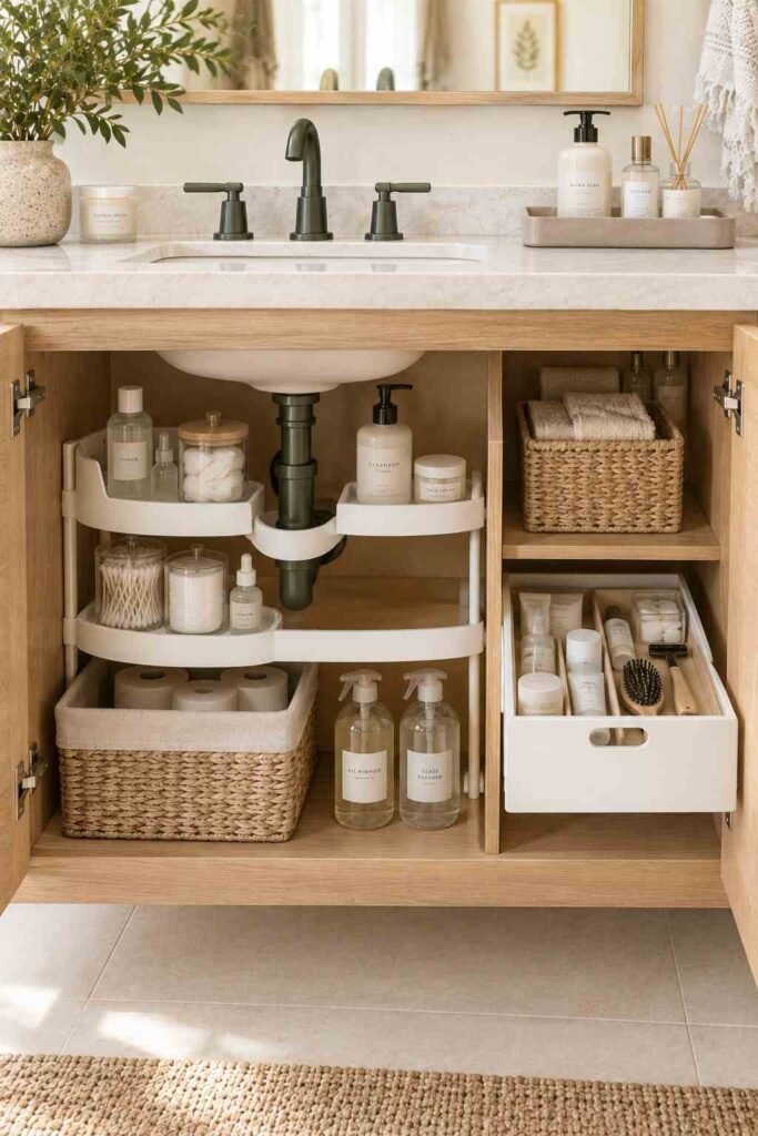 Bathroom Storage Ideas for Toiletries: 30 Smart Ways to Organize Every Space 7 U-shaped shelf around a drain pipe and a pull-out drawer in a bathroom cabinet