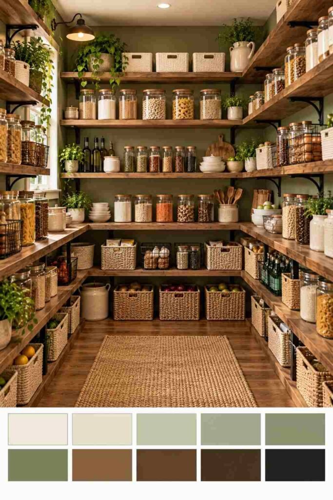Open Shelving Pantry Kitchen Ideas: 30 Layouts, Storage Tricks and Styling Tips 9 U-shaped walk-in pantry with walnut open shelves and sage walls, with a 10-color sage farmhouse palette strip below.