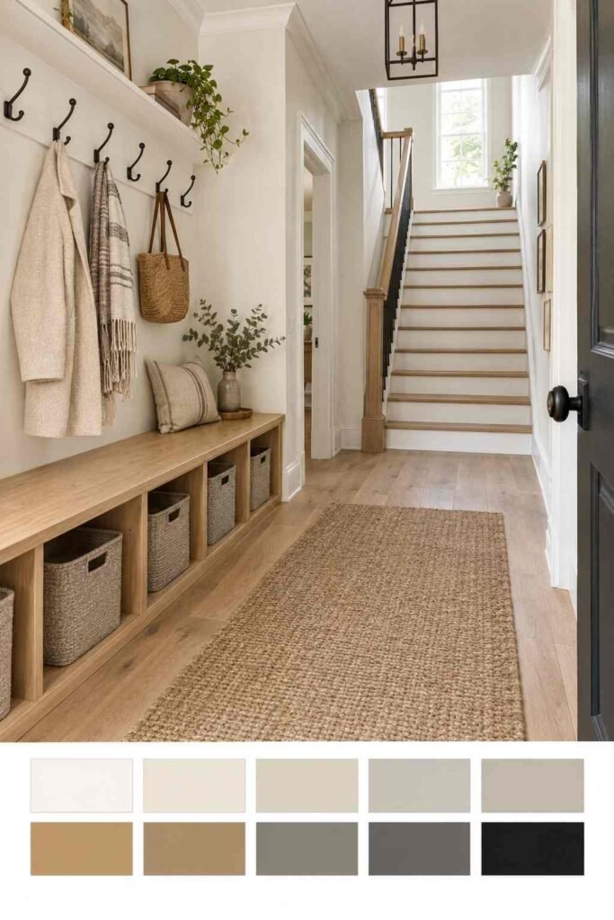Blonde wood cubby bench with grey baskets in a split foyer entryway; swatch strip shows cream, grey, wood, and black.