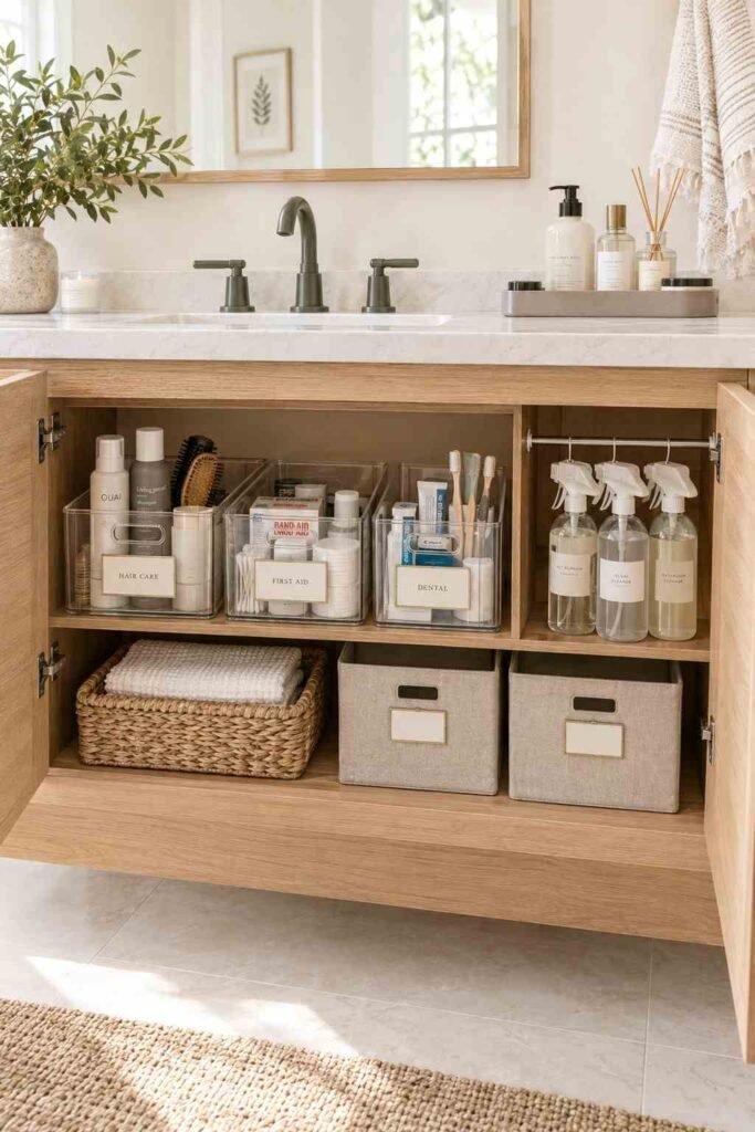 Bathroom Storage Ideas for Toiletries: 30 Smart Ways to Organize Every Space 6 Open under-sink cabinet with clear bins and a tension rod holding spray bottles