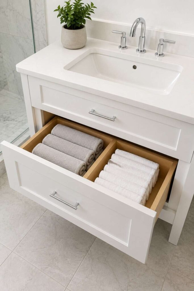 27 Bathroom Storage Ideas For Towels That Fit Into Tiny Powder Rooms to Primary Baths 13 Open vanity drawer with dividers holding folded hand towels and washcloths.