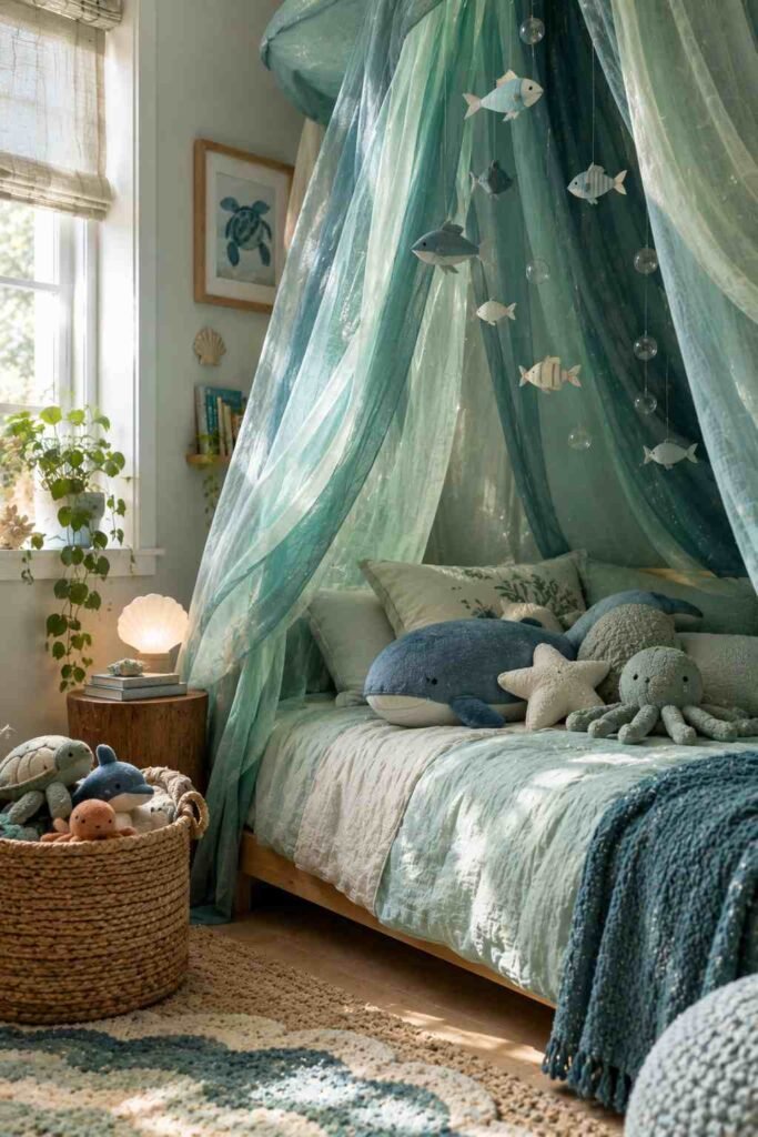 Layered teal and seafoam sheer canopy over a kids' bed with sea creature pillows.