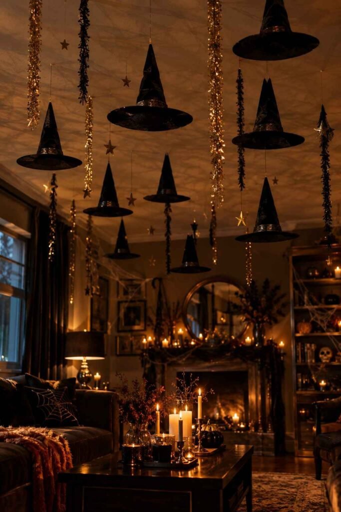 28 Halloween Party Decorations Indoor: Spooky Ideas That Transform Any Room 13 Black witch hats hanging upside down from a living room ceiling as a Halloween decoration