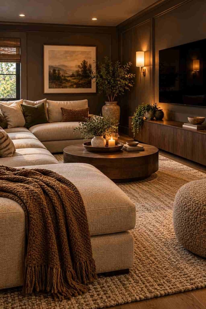 Media room with dark bronze-brown walls and oatmeal sectional sofa