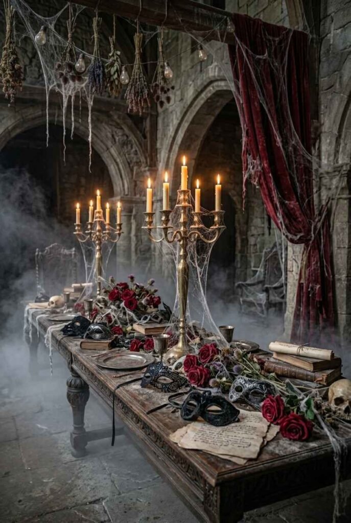 28 Spooky Halloween Theme Ideas to Make October 31 Unforgettable 18 Vampire masquerade ball Halloween table with masks, red roses and candelabras.