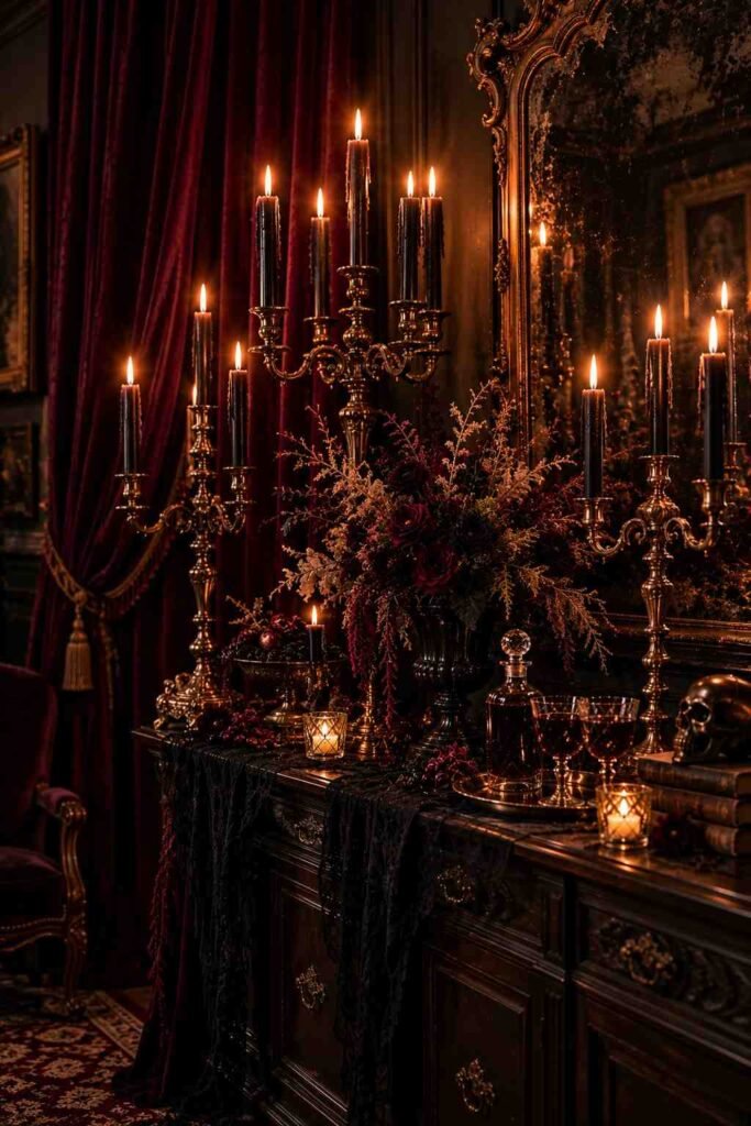 30 Halloween Party Decorations for Adults: Moody, Spooky, Stylish Ideas for Any Home 14 Velvet drapes and tall candelabras creating a gothic Halloween party setting.