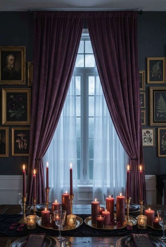 Luxury Halloween Dining Room Decor Ideas: 30 Ways to Style a Dark, Elegant Table 13 Floor-length plum velvet drapes framing a window in a Halloween dining room