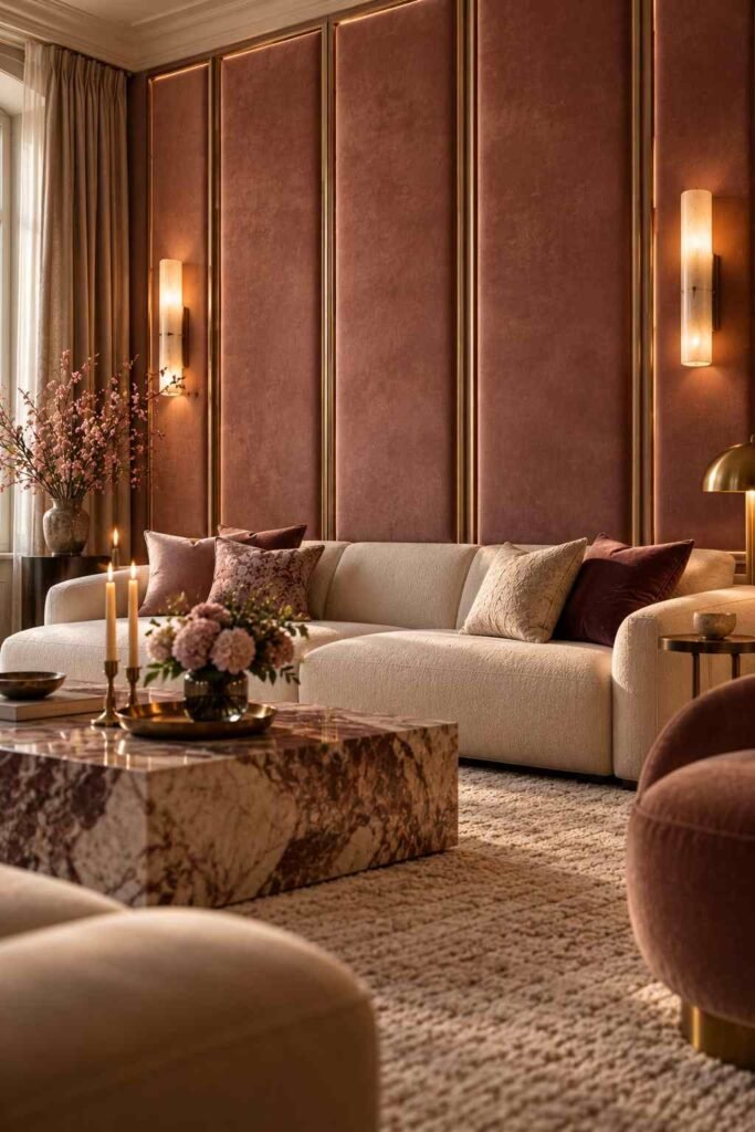 30 Luxury Wall Decor Ideas for Living Room Walls: Art, Texture, Mirrors & Lighting 17 Dusty rose velvet upholstered wall panels with brass trim behind a low sofa.