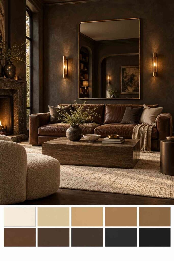 30 Luxury Wall Decor Ideas for Living Room Walls: Art, Texture, Mirrors & Lighting 7 Charcoal Venetian plaster living room with walnut leather sofa and gold sconces, with a color palette strip of ivory, gold, walnut and charcoal below.