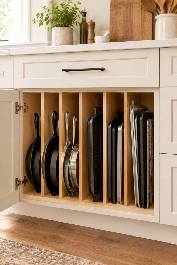 Cabinet with vertical dividers holding skillets and baking sheets on their edges