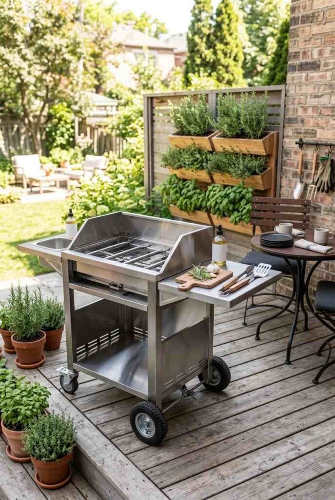 Vertical herb wall with rosemary, thyme, and basil beside a patio grill.