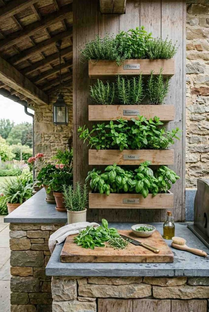 Semi-Outdoor Kitchen Ideas: 30 Covered Designs for Patios, Porches, and Balconies 19 Vertical herb wall with basil and mint beside an outdoor kitchen prep counter