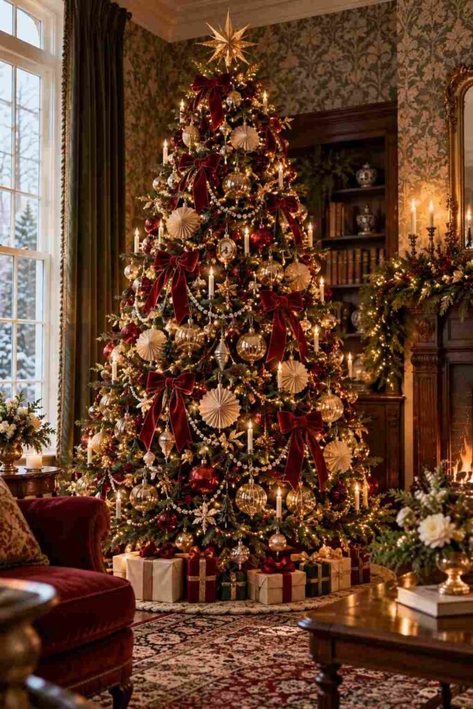 Victorian-inspired Christmas tree with velvet bows and glass bead garlands.