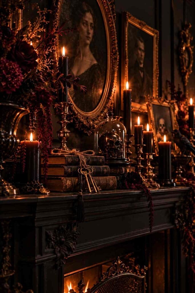 30 Halloween Party Decorations for Adults: Moody, Spooky, Stylish Ideas for Any Home 13 Mantel with vintage books, antique keys and gilded frames as gothic Halloween decor for adults.