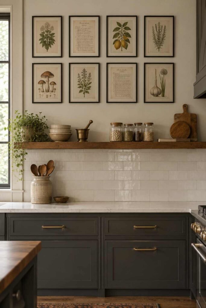 Gallery wall of vintage botanical prints in thin black frames above a modern kitchen counter