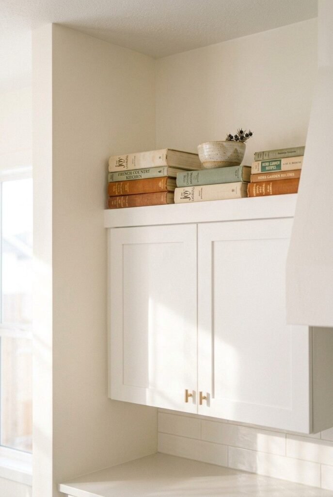 Stacks of vintage cookbooks with a small bowl styled on top of kitchen cabinets.