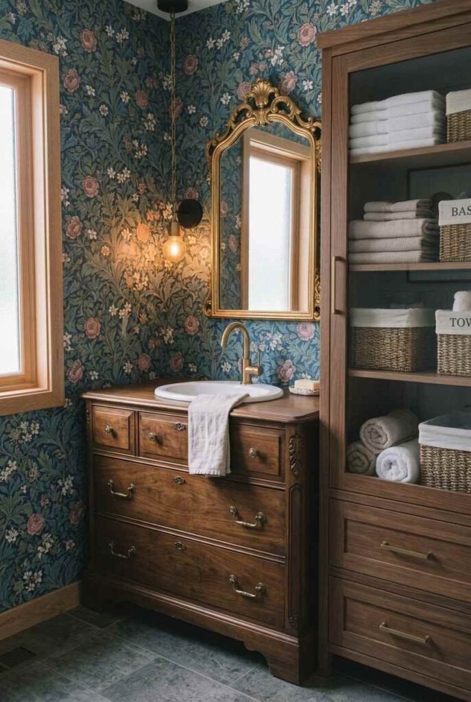 30 Bathroom Vanity Ideas: Single Sink for Small, Medium, and Large Spaces 15 Vintage dresser converted into a single sink bathroom vanity with brass pulls