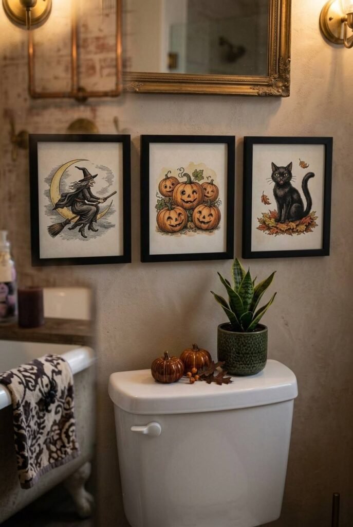 Three black framed vintage Halloween prints hung above a toilet in a bathroom