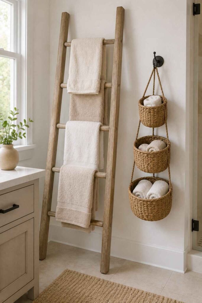 27 Bathroom Storage Ideas For Towels That Fit Into Tiny Powder Rooms to Primary Baths 19 Vintage wooden ladder with hanging towels beside three wall baskets.