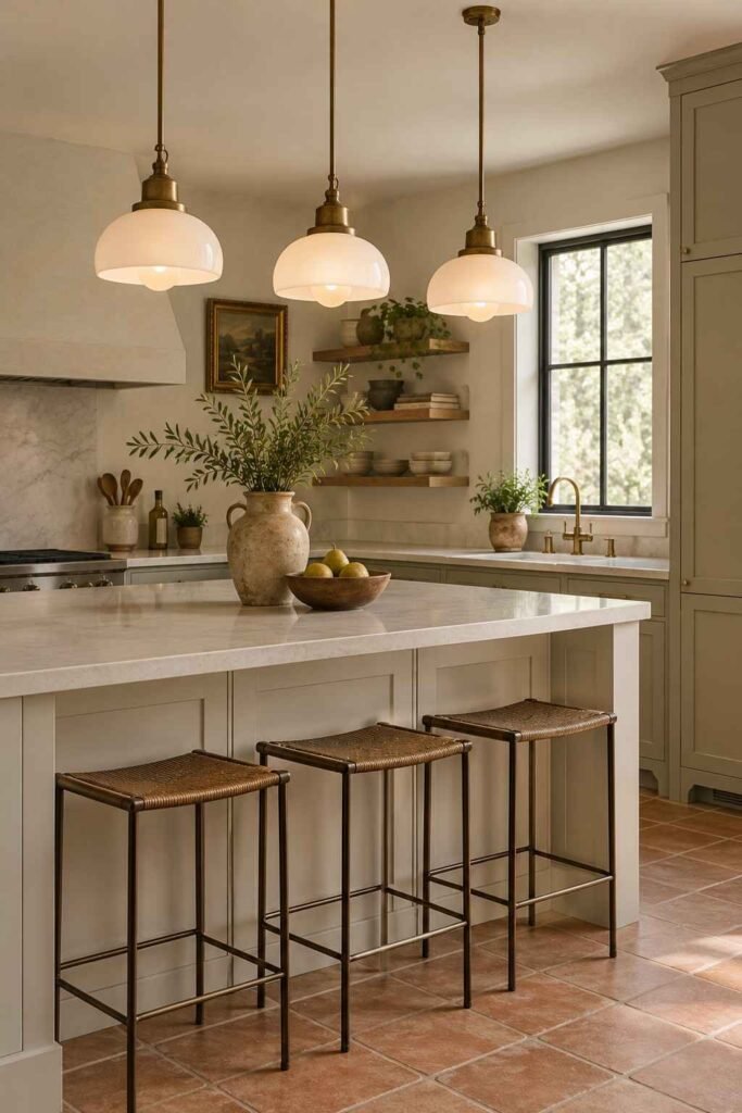 Vintage brass and milk-glass pendant lights over a modern kitchen island