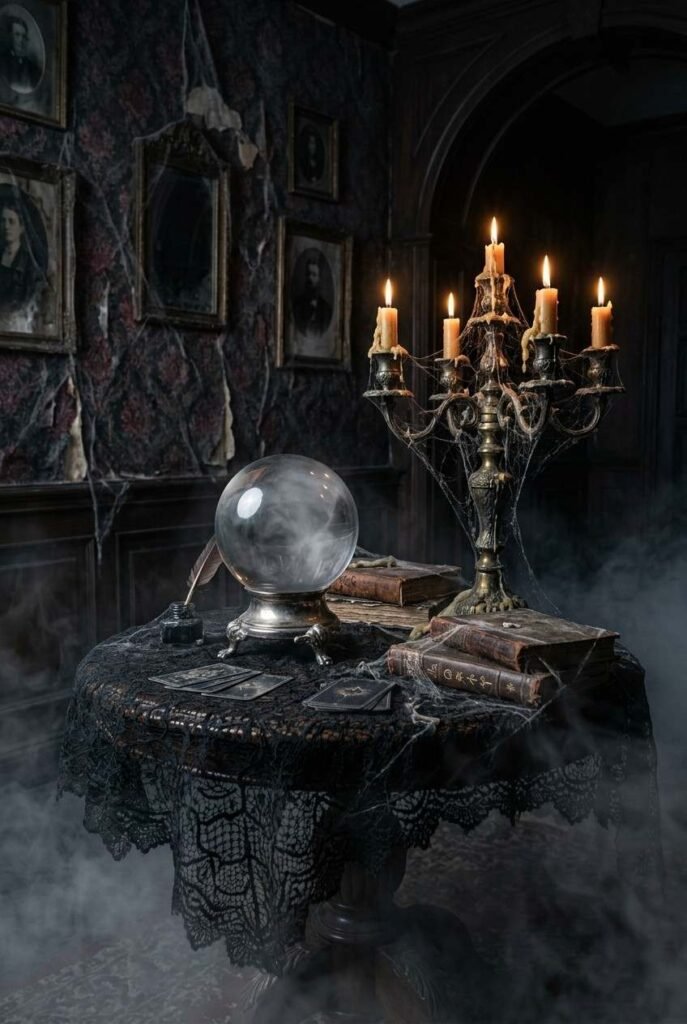 28 Spooky Halloween Theme Ideas to Make October 31 Unforgettable 6 Vintage séance table for a spooky Halloween theme with crystal ball and candelabra.