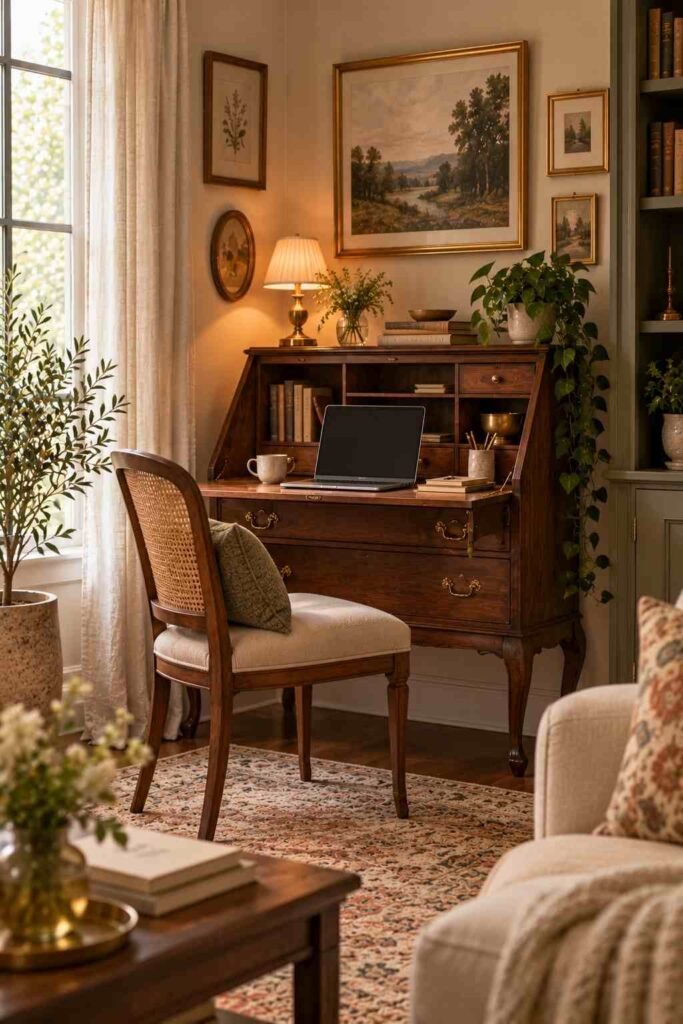 Vintage secretary desk with fold-down lid used as a home office