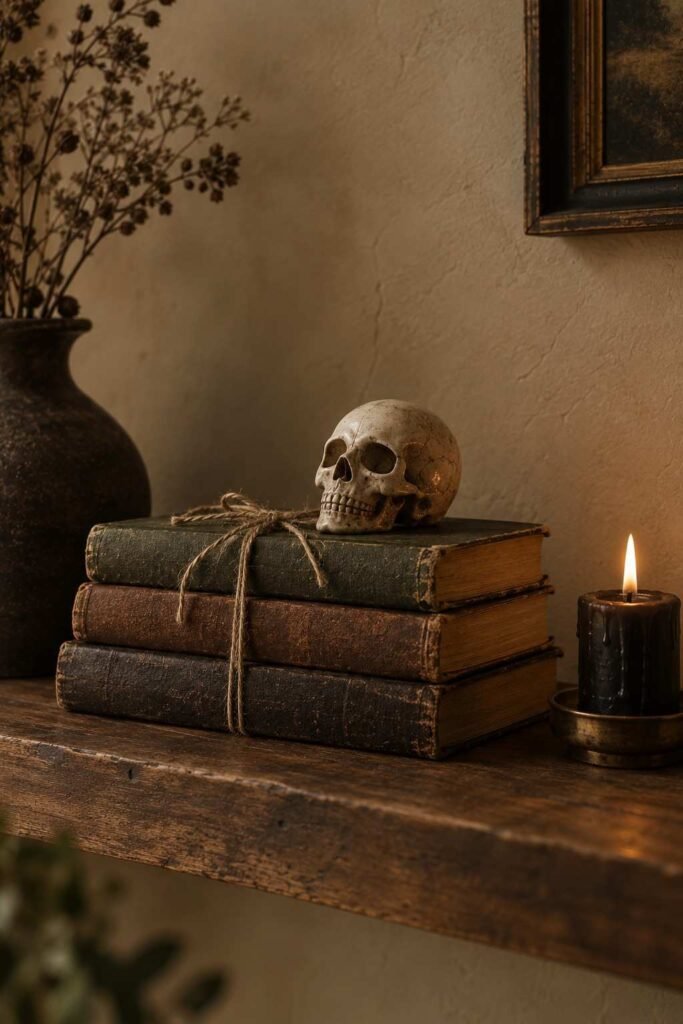 28 Modern Halloween Shelf Styling Ideas That Look Stylish, Not Scary: A Chic, Spooky Home 9 Vintage spellbook stack tied with twine and topped with a small skull on a wooden shelf.