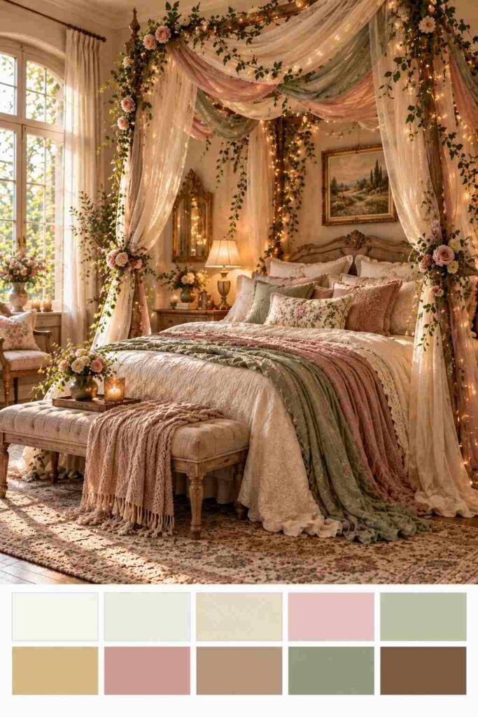 Vintage storybook canopy bed in dusty rose, sage and gold, with a ten-color swatch strip below