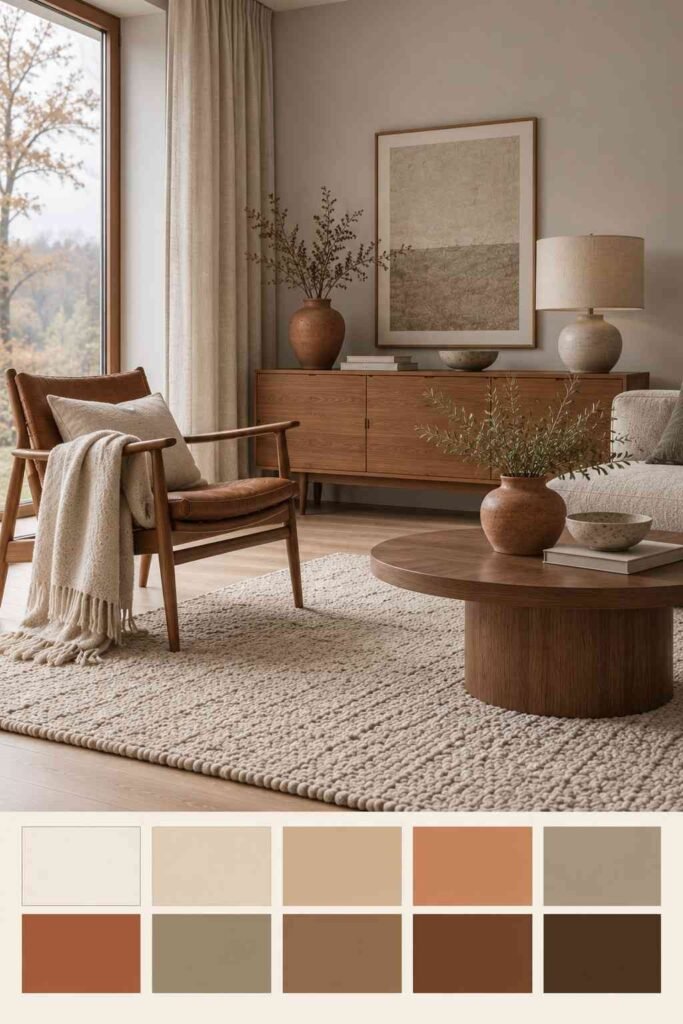 Vintage teak armchair and terracotta vase in a Nordic living room above a ten-swatch earth-tone palette strip