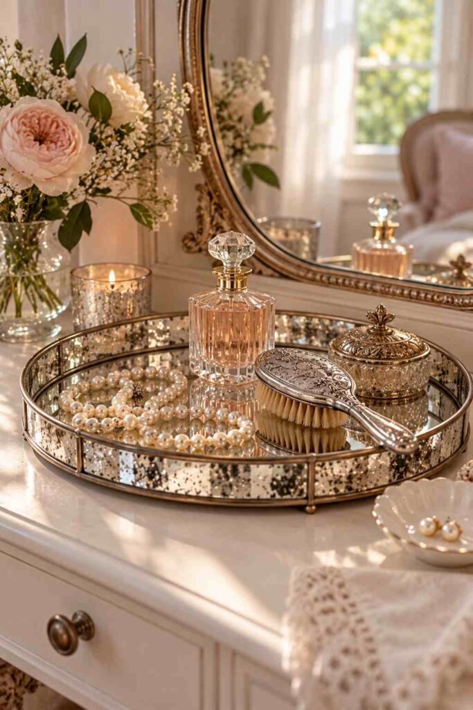 Mirrored vanity tray with pearl necklace, hairbrush, and perfume bottle.