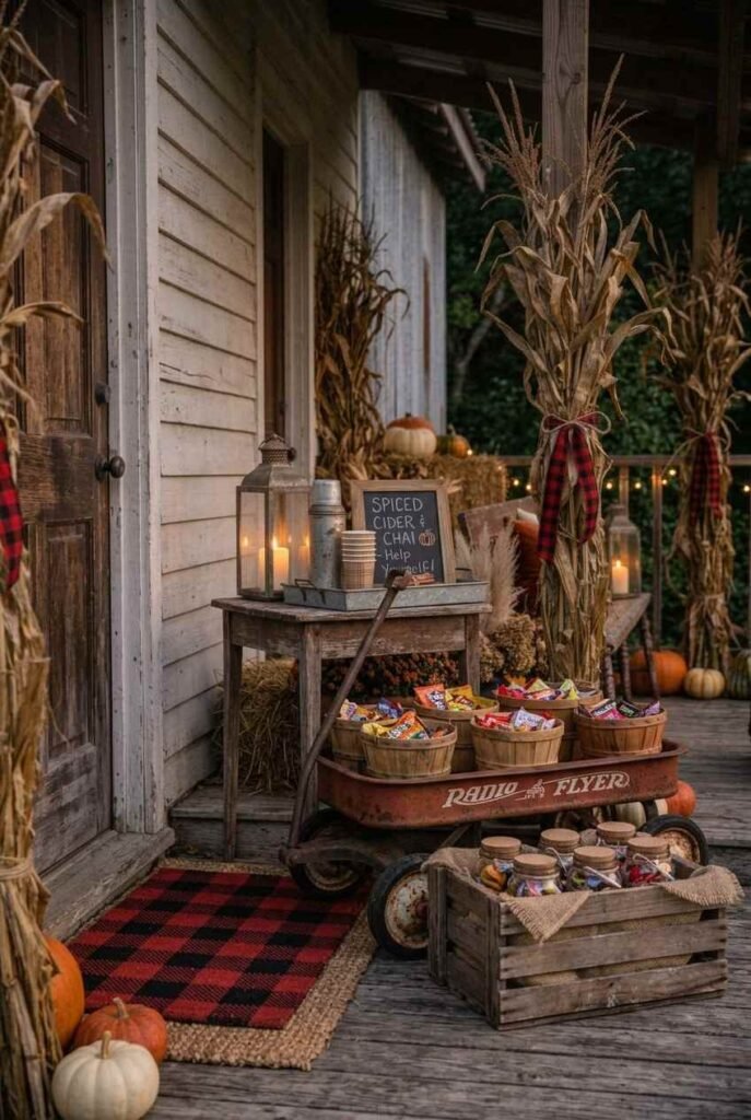 Vintage wagon candy display and burlap-lined crate with a plaid doormat at a farmhouse door.