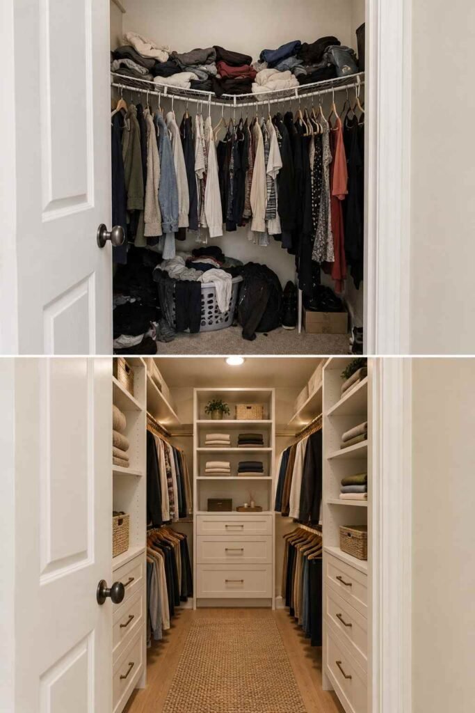 Home Remodeling Before and After: 28 Room-by-Room Transformations 12 Closet before and after a walk-in remodel with double rods, shelves and drawers.