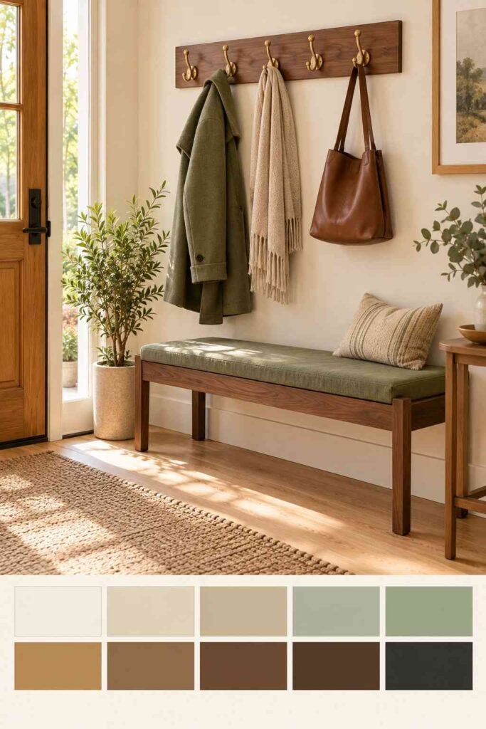 Row of brass wall hooks on a walnut board in a cream entryway, with a 10-color palette strip below.