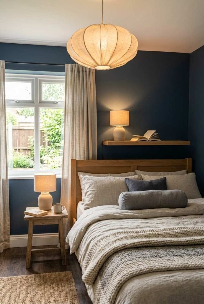 Floating bedside shelf and paper pendant lamp on a dark grey bedroom wall