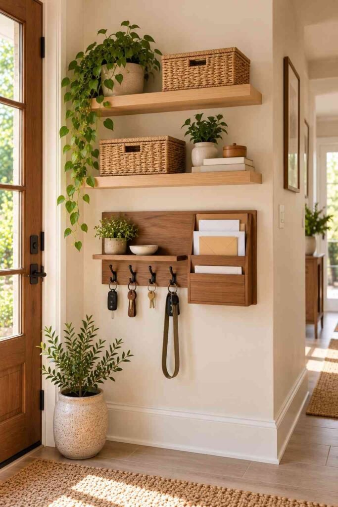 Wall-mounted key and mail organizer beside floating shelves with lidded baskets in a hallway