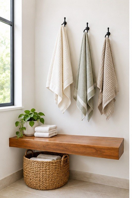 Floating teak bench with towel hooks above and a basket underneath in a bathroom