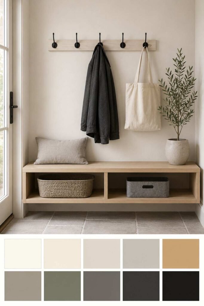 30 Smart Entryway Organization Wall Ideas: for Hooks, Shelves & Storage 13 Minimal wall-mounted bench with storage cubbies and black hooks above a ten-color palette swatch strip