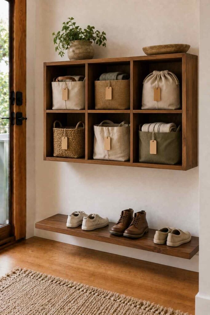 30 Smart Entryway Organization Wall Ideas: for Hooks, Shelves & Storage 10 Wall-mounted cubby unit with baskets and bags for each family member in an entryway