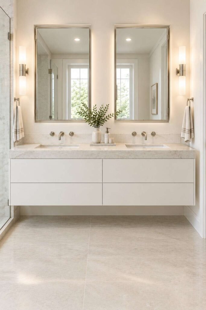 30 Bathroom Vanity Ideas For Double Sink Layouts for Every Style and Budget 12 Double vanity with wall-mounted faucets and two recessed mirrored medicine cabinets.
