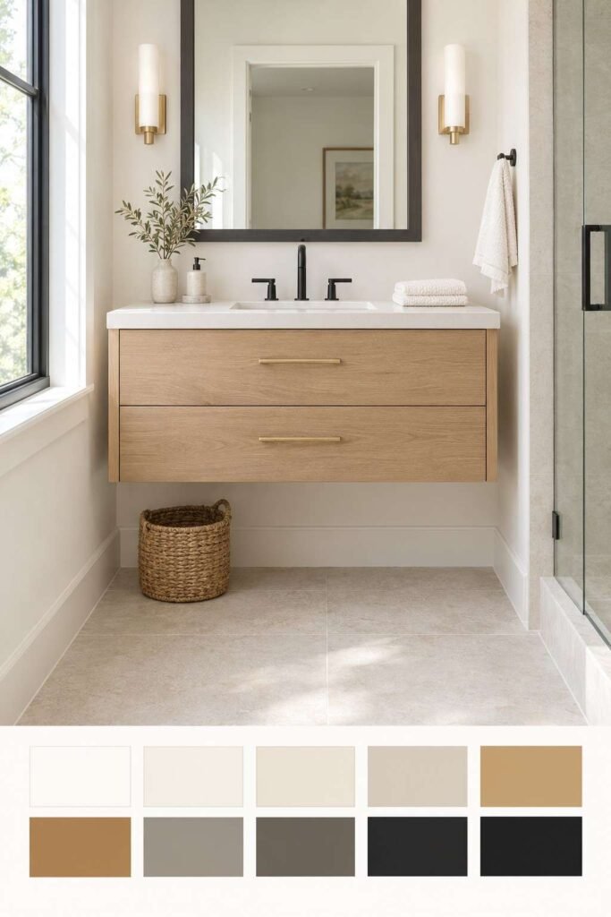 Blonde wood floating vanity with drawers and brass pulls above open floor, with a ten-color palette strip